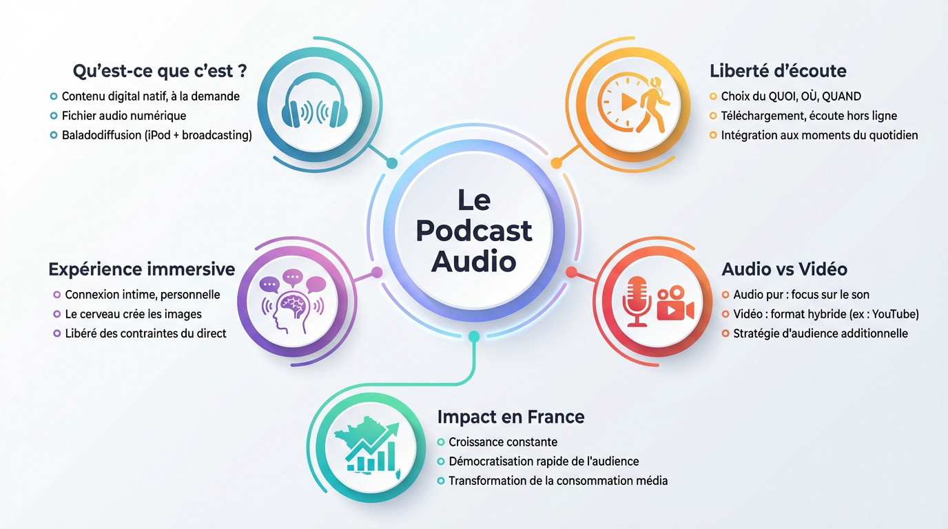 Auditeur utilisant un smartphone pour écouter un podcast audio via une application de baladodiffusion