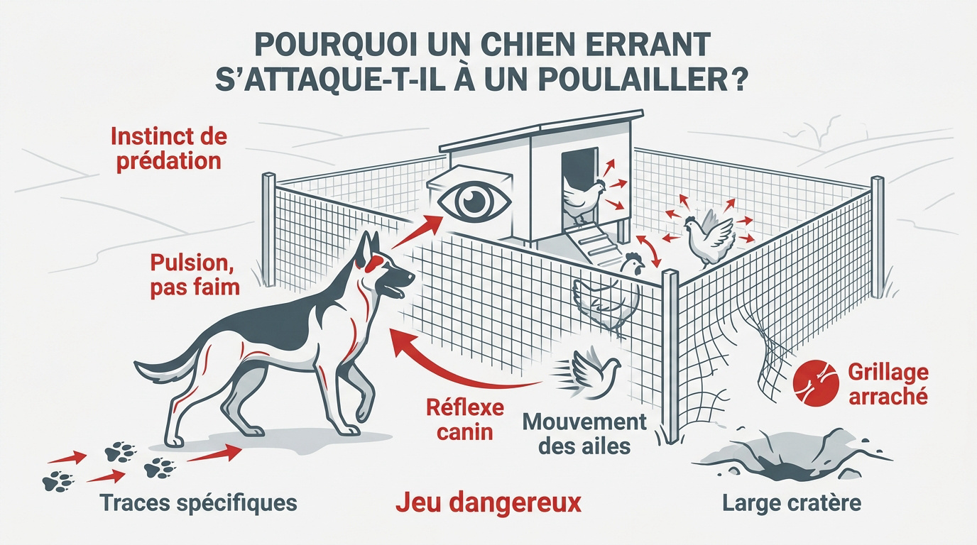 Chien observant un poulailler