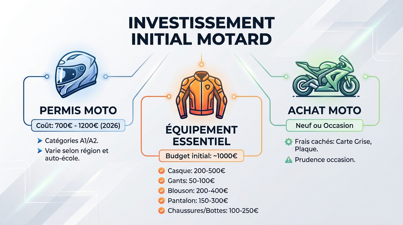 Équipement complet de motard et clés de moto posés sur une table, illustrant l'investissement de départ