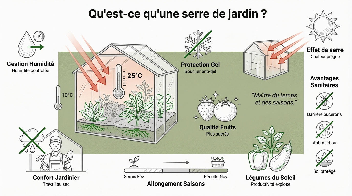 Infographie expliquant le fonctionnement et les avantages d'une serre de jardin pour le potager