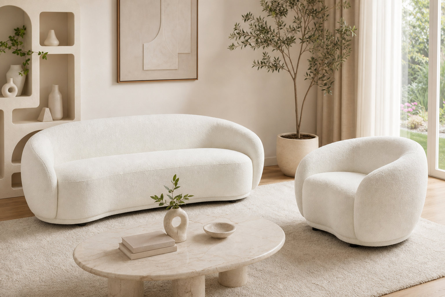 Fauteuil arrondi BOVANA blanc ivoire : minimalisme et douceur