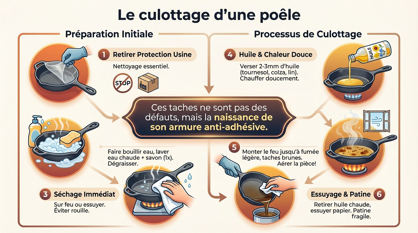 Étapes visuelles du culottage d'une poêle en fer : huilage, chauffe et essuyage