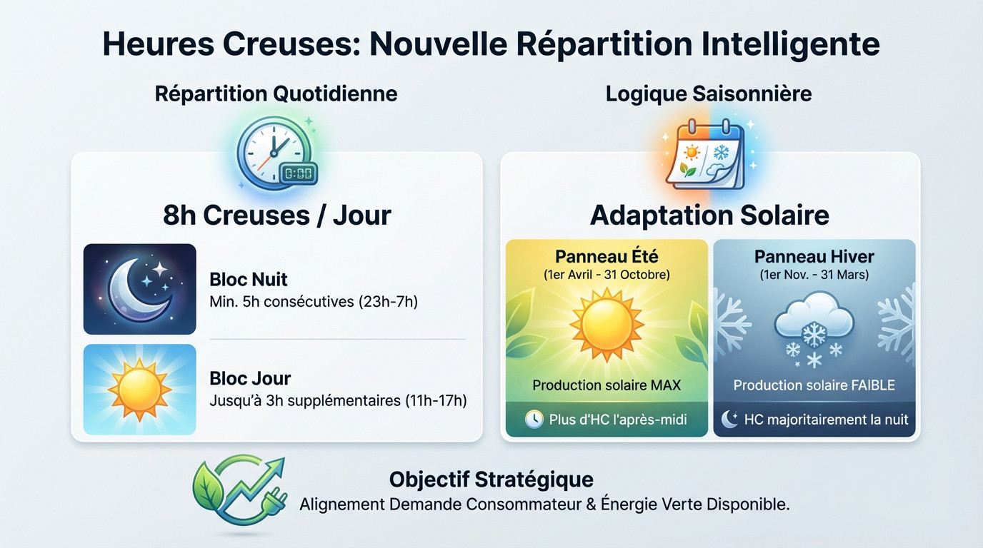 Schéma de la nouvelle répartition intelligente des heures creuses Enedis entre été et hiver