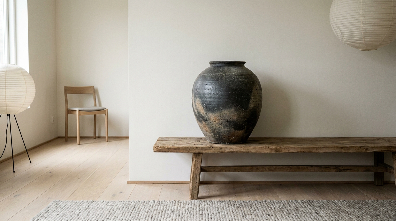 Vase japonais en céramique artisanale dans un intérieur style Japandi