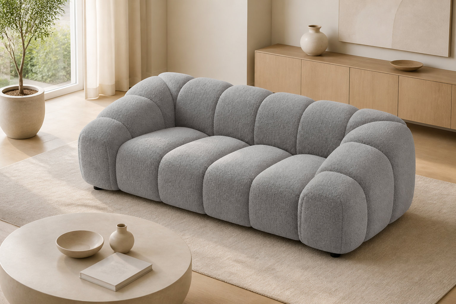 Canapé nuage 3 places en velours texturé beige - AVA