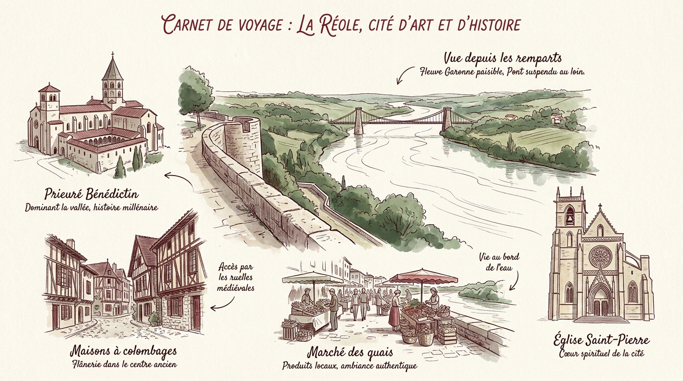 Vue panoramique sur l'architecture médiévale et le prieuré de La Réole en bord de Garonne