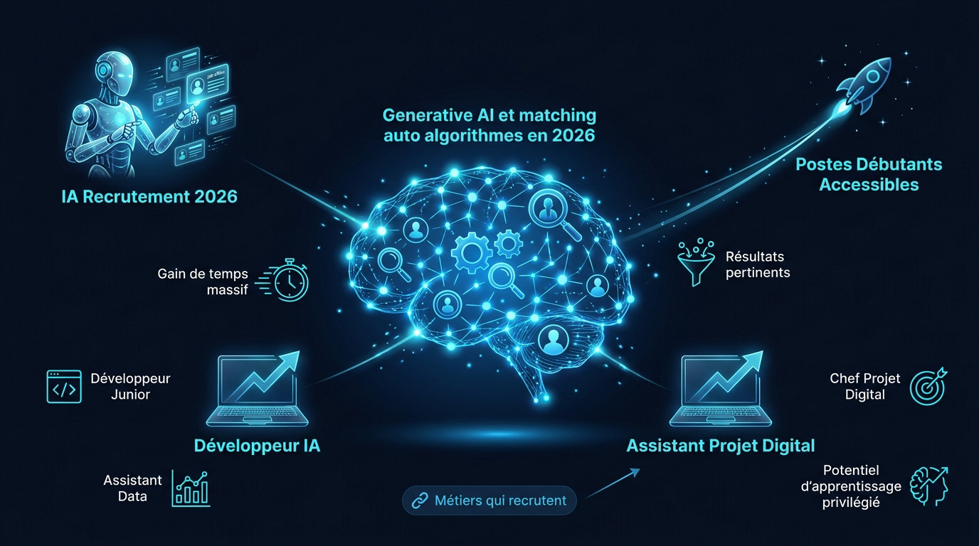 Jeune alternant utilisant une interface numérique futuriste pour sa recherche d'entreprise en 2026