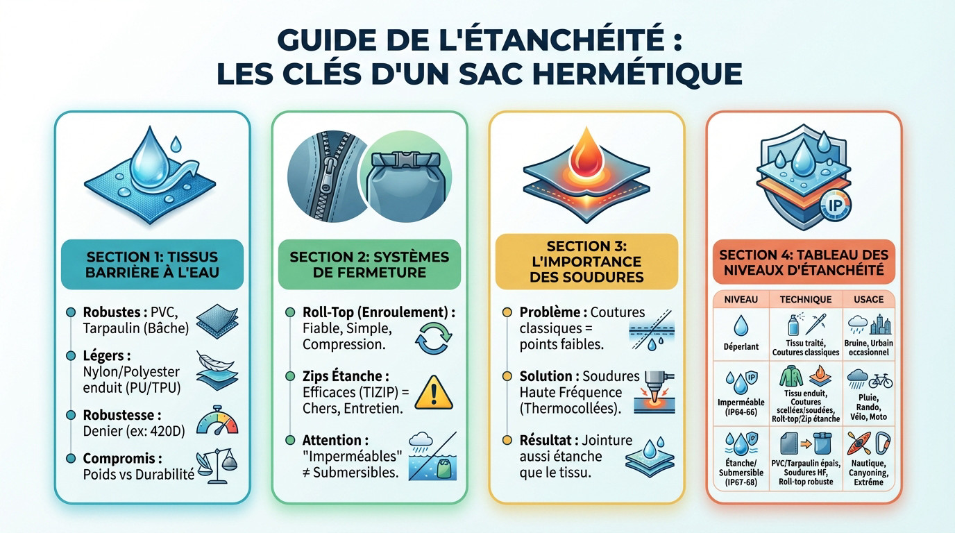 Schéma explicatif des matériaux et soudures d'un sac à dos étanche performant