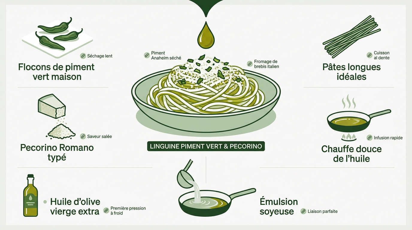 Assiette de pâtes aux flocons de piment vert séché avec fromage râpé et huile d'olive