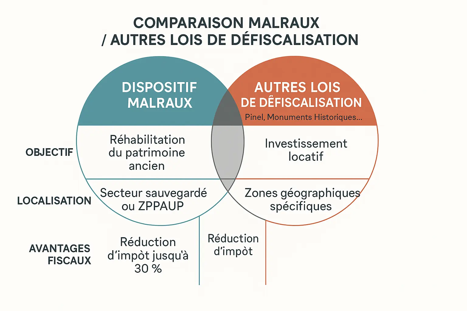 Infographie comparant le dispositif Malraux avec d'autres lois de défiscalisation comme Pinel et Monuments Historiques, en soulignant les différences en termes d'objectifs, de localisation et d'avantages fiscaux.