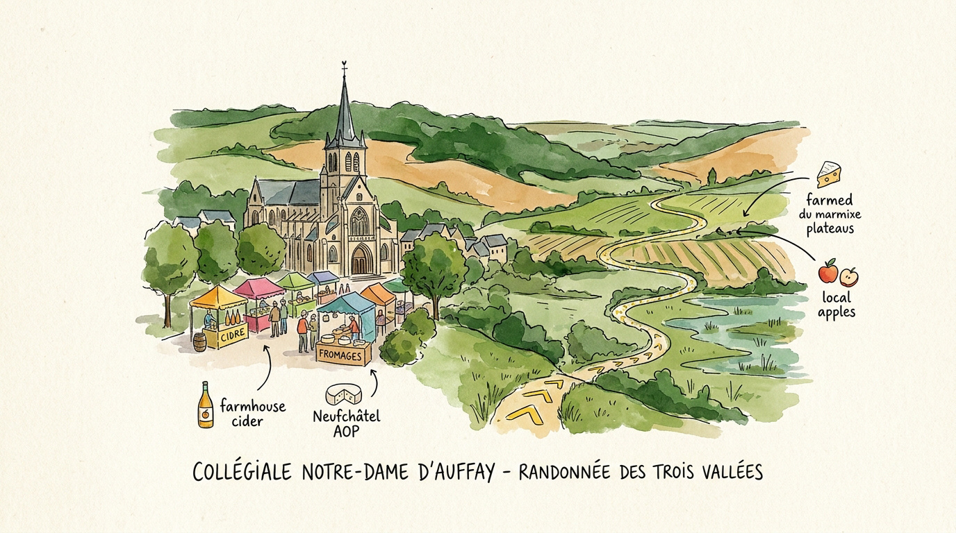 Vue de la collégiale Notre-Dame d'Auffay et sentier de randonnée en Normandie