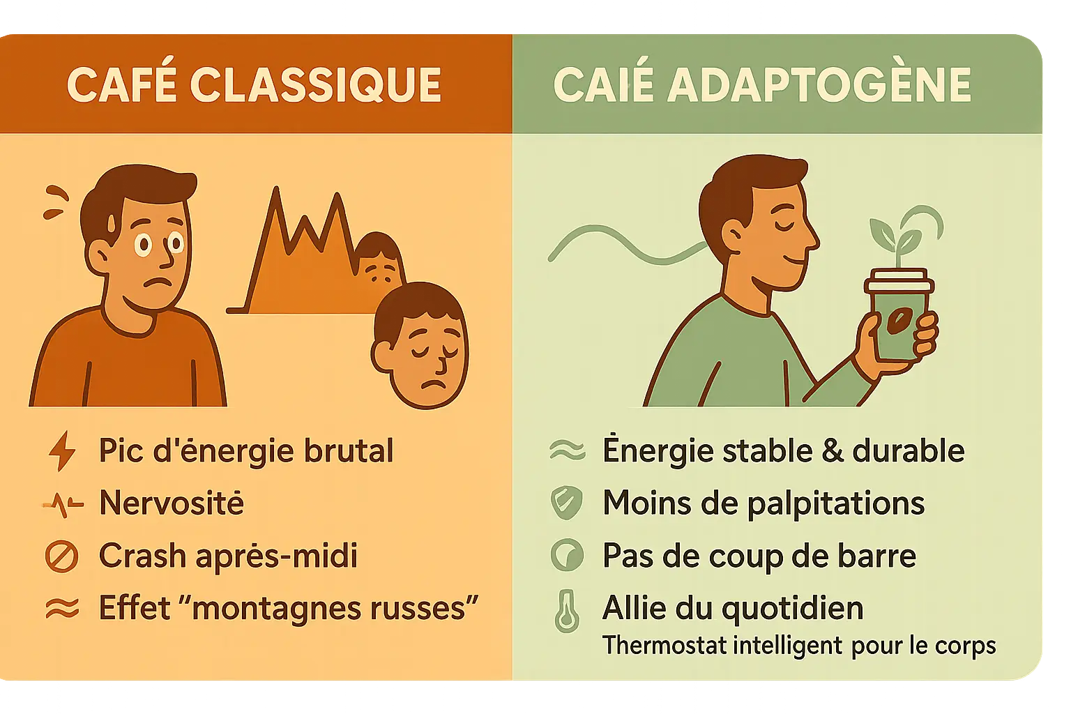 Illustration d'une tasse de café adaptogène avec des champignons reishi et chaga à côté