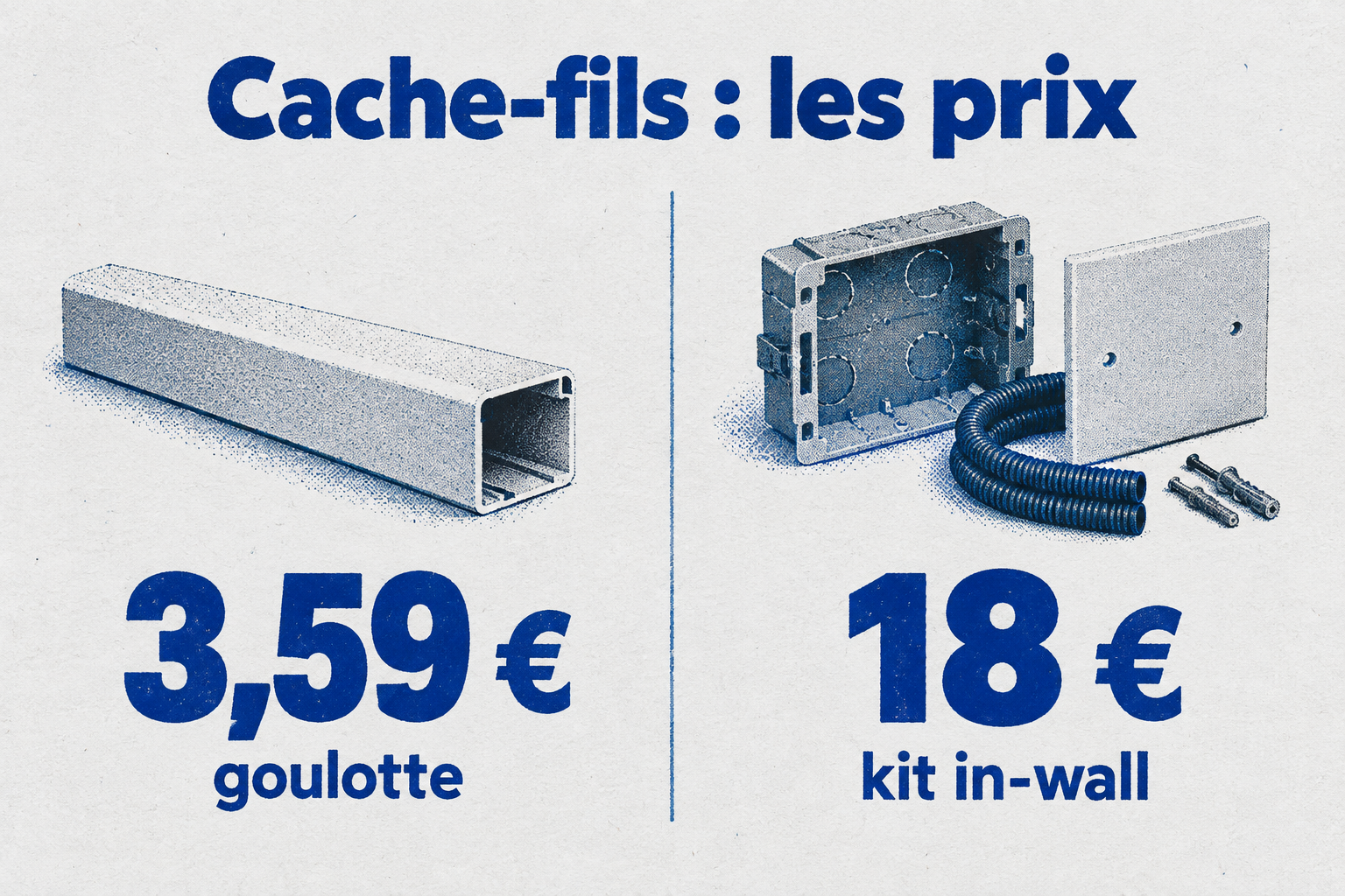 Comparaison des prix : une goulotte dès 3,59 € en magasin, un kit in-wall dès 18 € en ligne.
