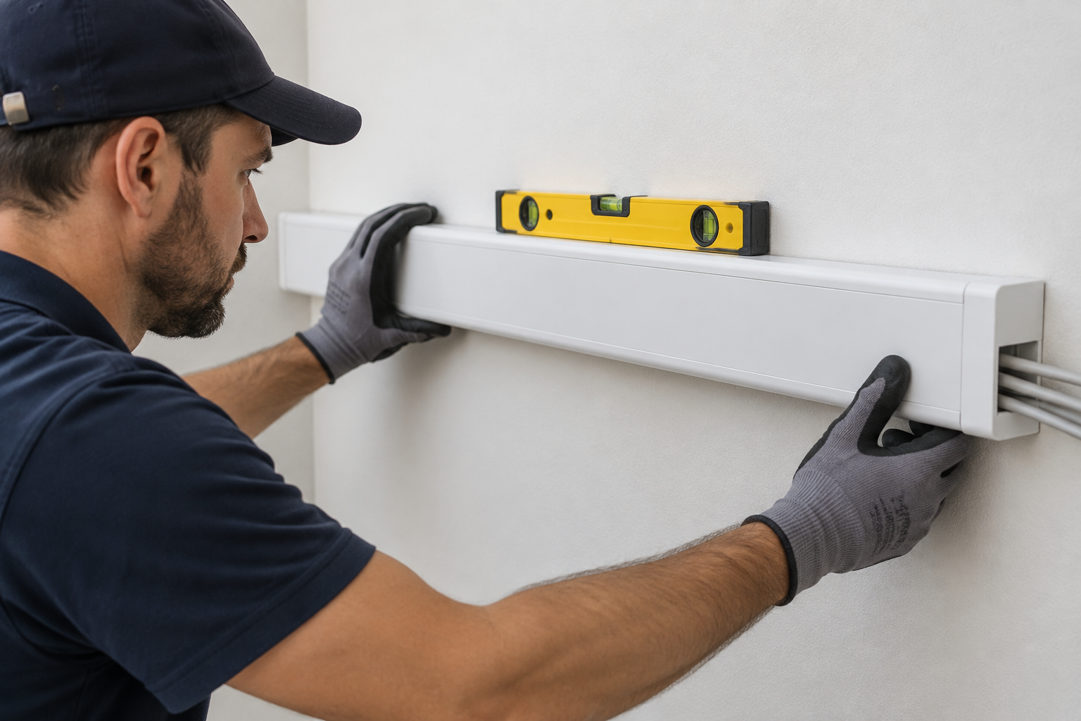 Installation d'une goulotte sur un mur à l'aide d'un niveau à bulle