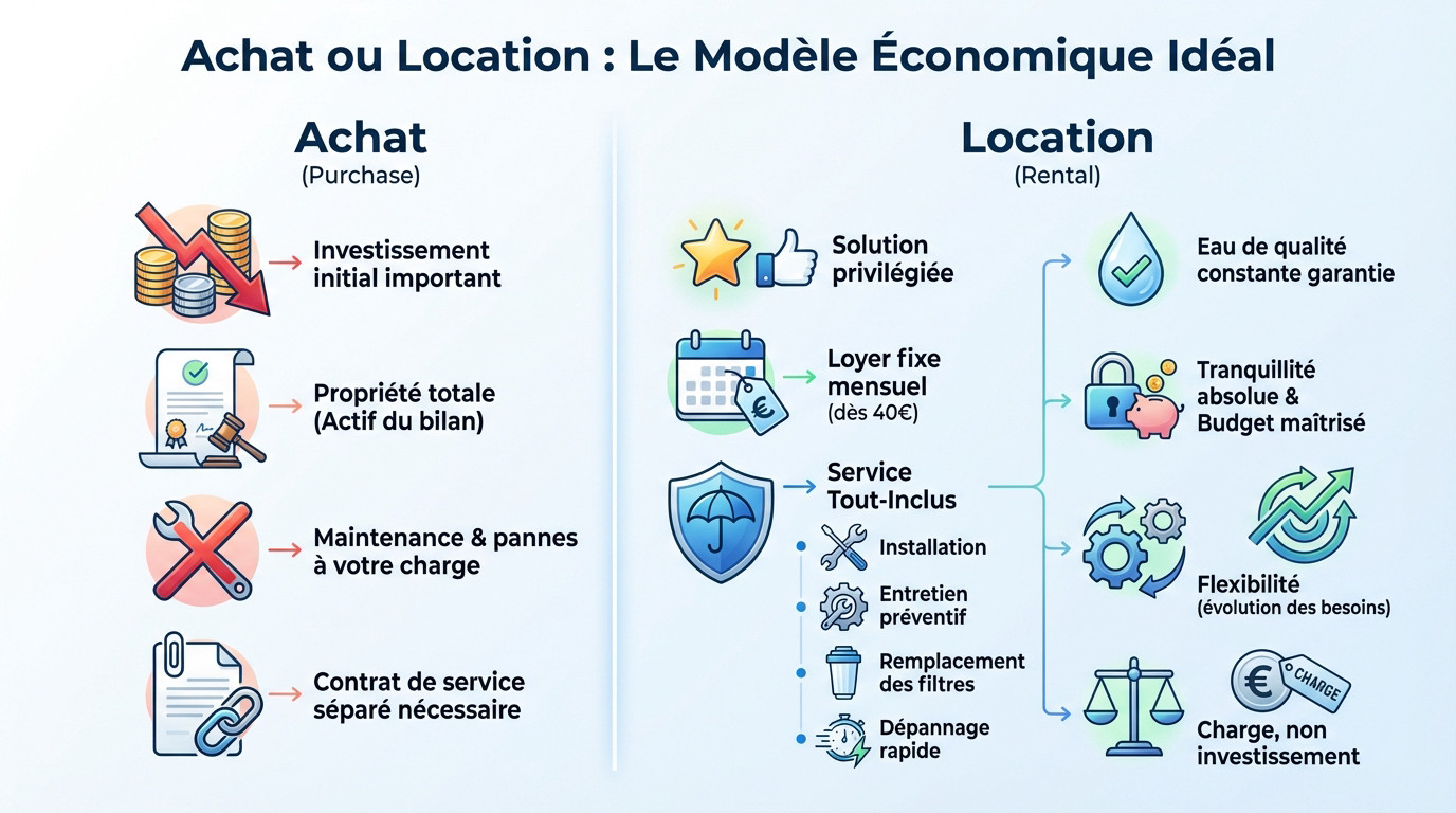 Comparatif des avantages entre l'achat et la location d'une fontaine &agrave; eau professionnelle