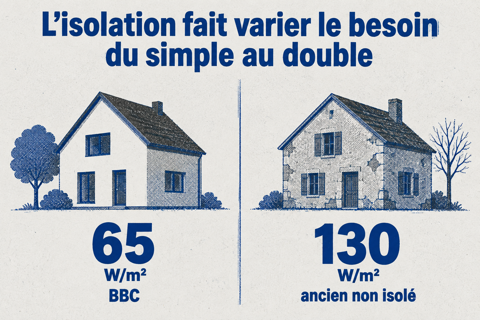 La puissance nécessaire varie de 65 W/m² pour un logement BBC à 130 W/m² pour un logement ancien non isolé, soit le double.