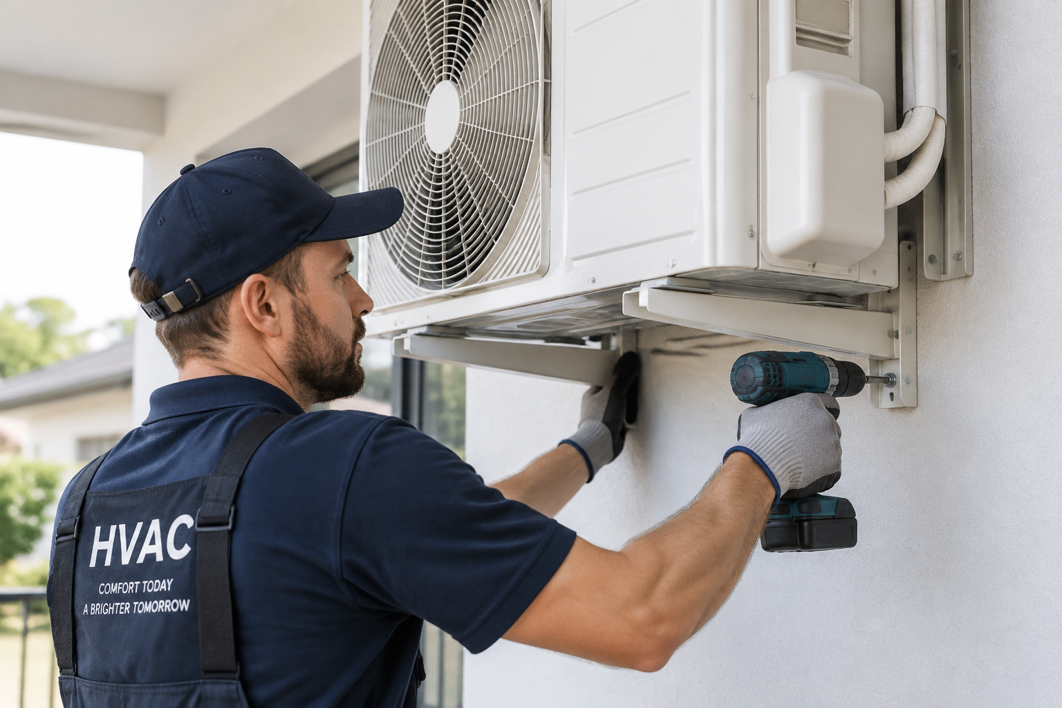 Installateur de climatisation posant un appareil au mur