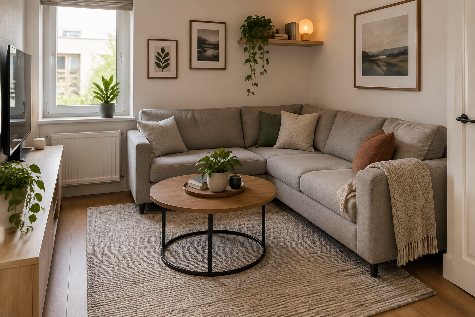 Un canapé d'angle adossé à deux murs dans un petit salon