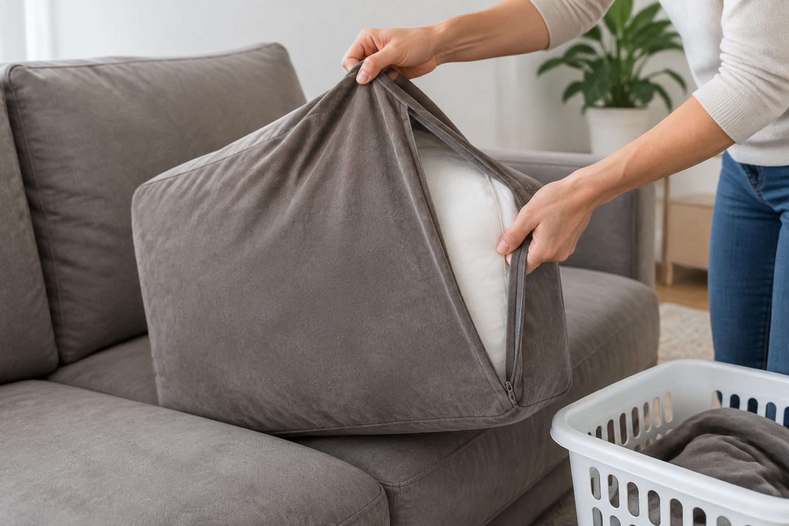 Des mains déhoussent un coussin de canapé en microfibre pour le laver