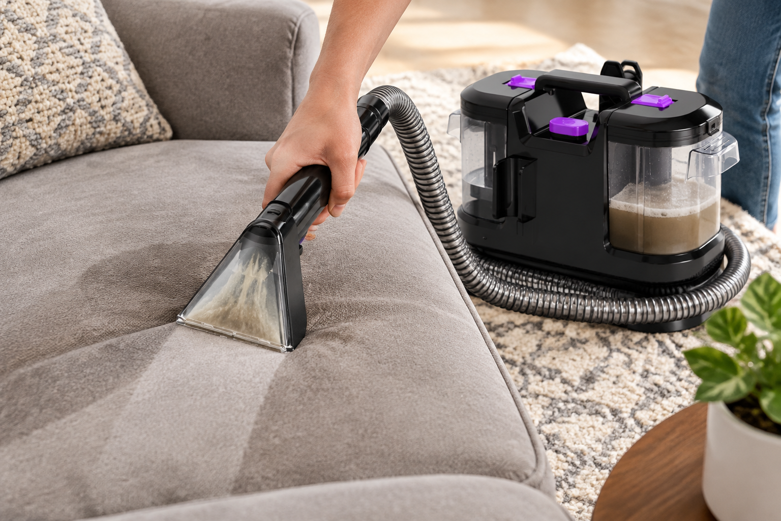 Un injecteur-extracteur aspire l'eau sale sur un canapé en microfibre