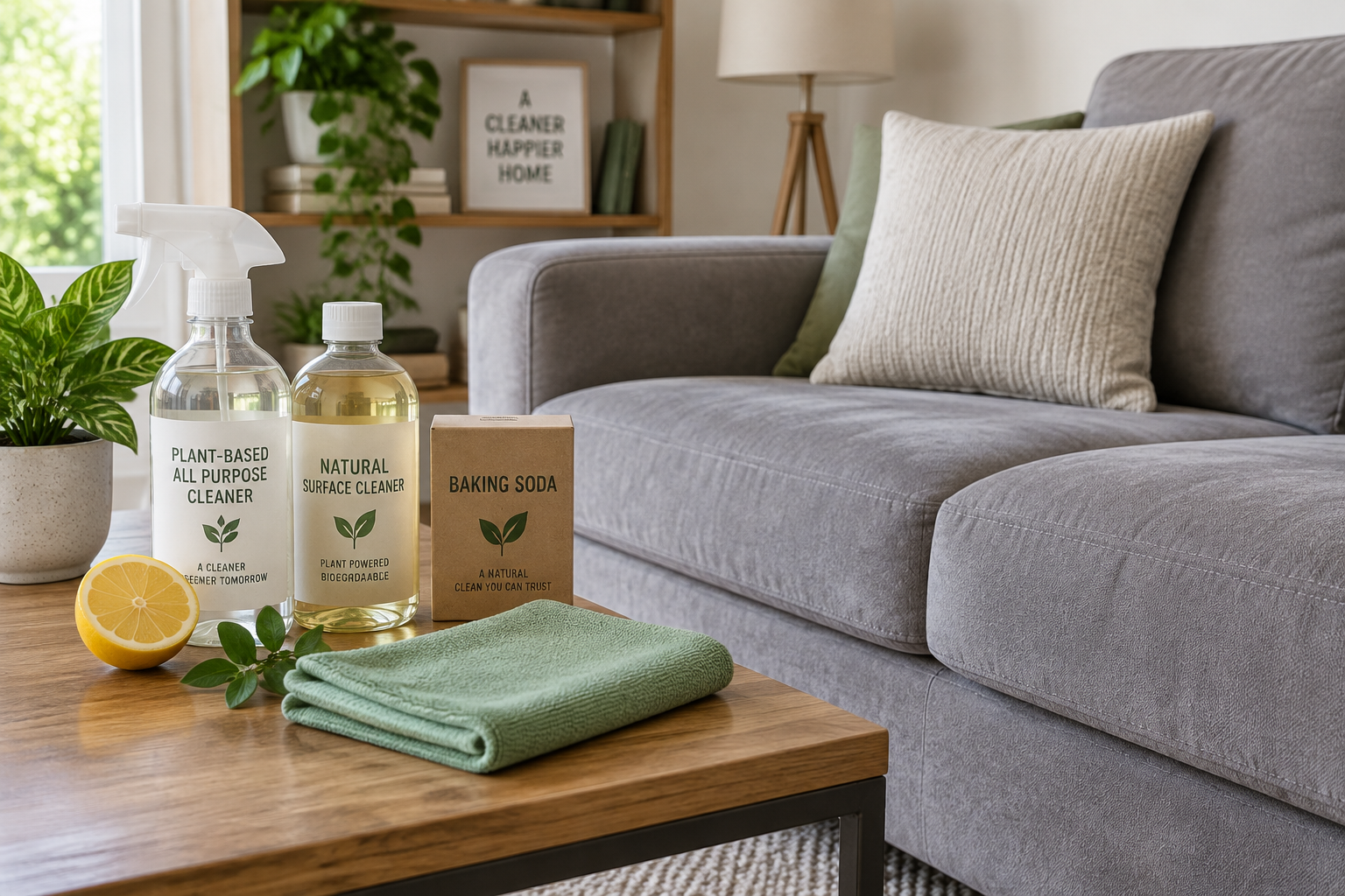 Produits d'entretien naturels et chiffons posés près d'un canapé en microfibre