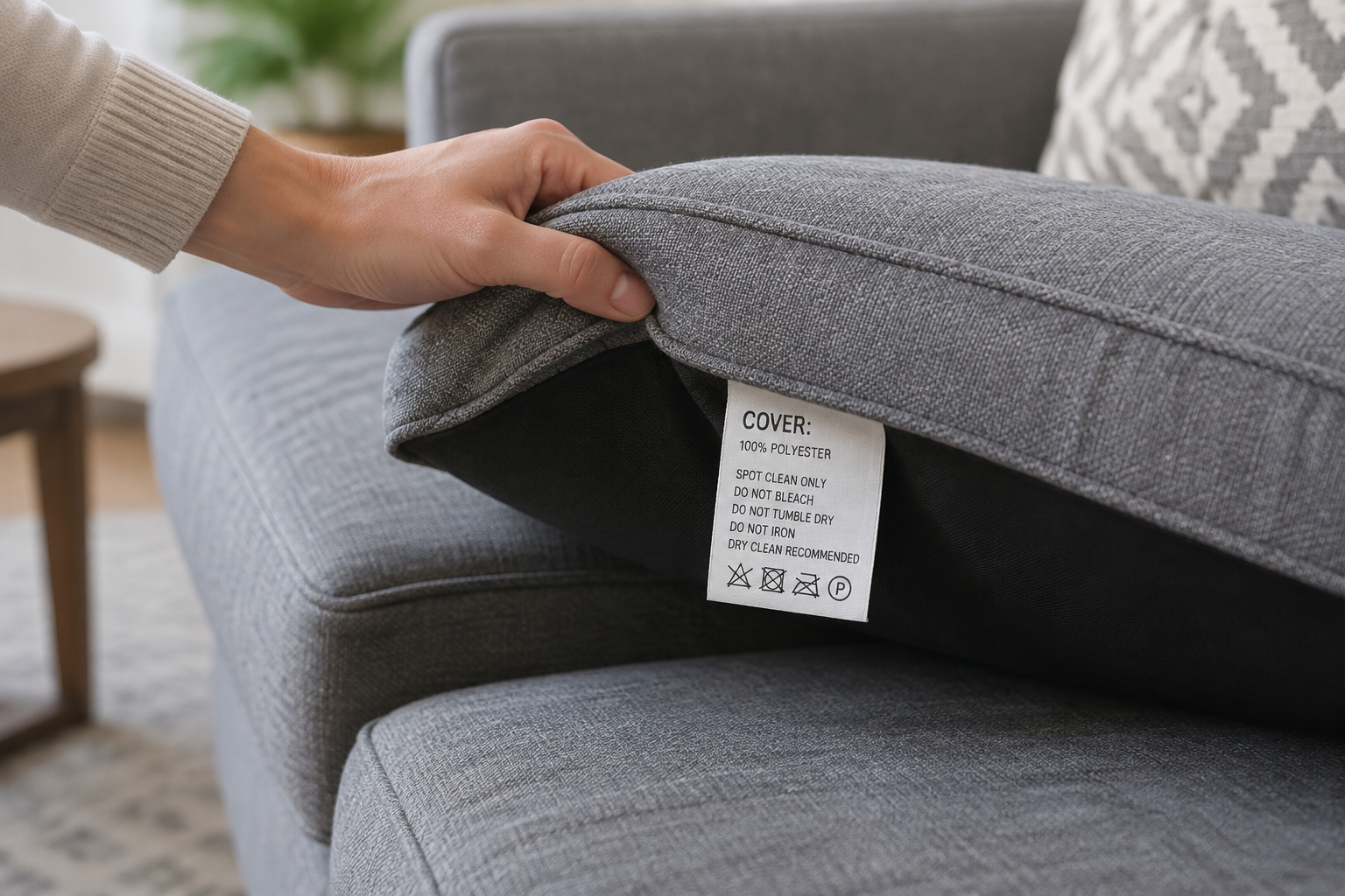 Une main soulève un coussin de canapé pour lire l'étiquette d'entretien cachée dessous