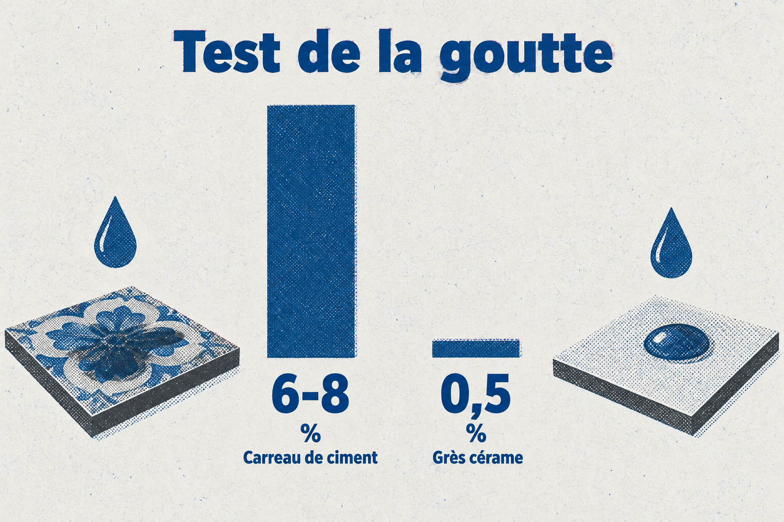 Le carreau de ciment a une porosité de 6 à 8 %, contre moins de 0,5 % pour le grès cérame.
