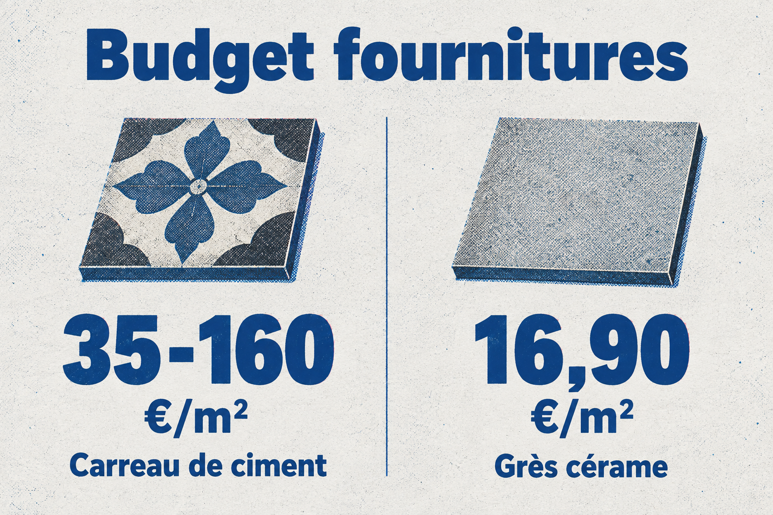 Le carreau de ciment coûte 35 à 160 €/m² en fournitures, contre 16,90 €/m² pour le grès cérame en grande surface.