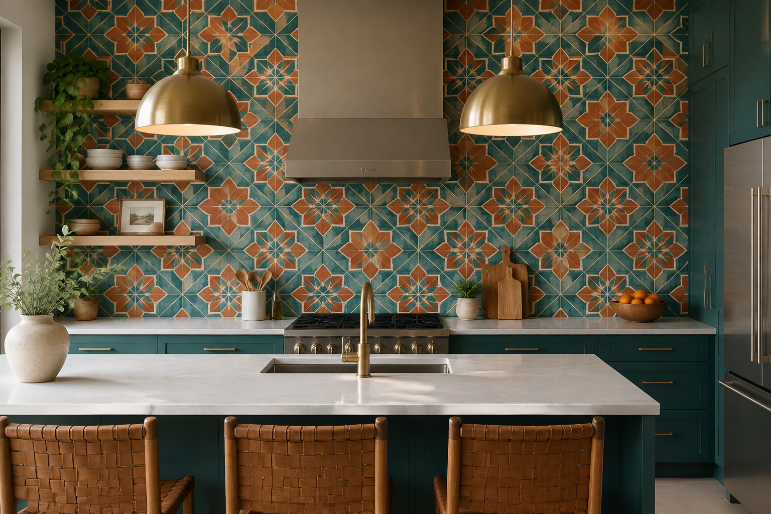 Cuisine moderne avec crédence pleine hauteur en carreaux de ciment aux motifs géométriques.