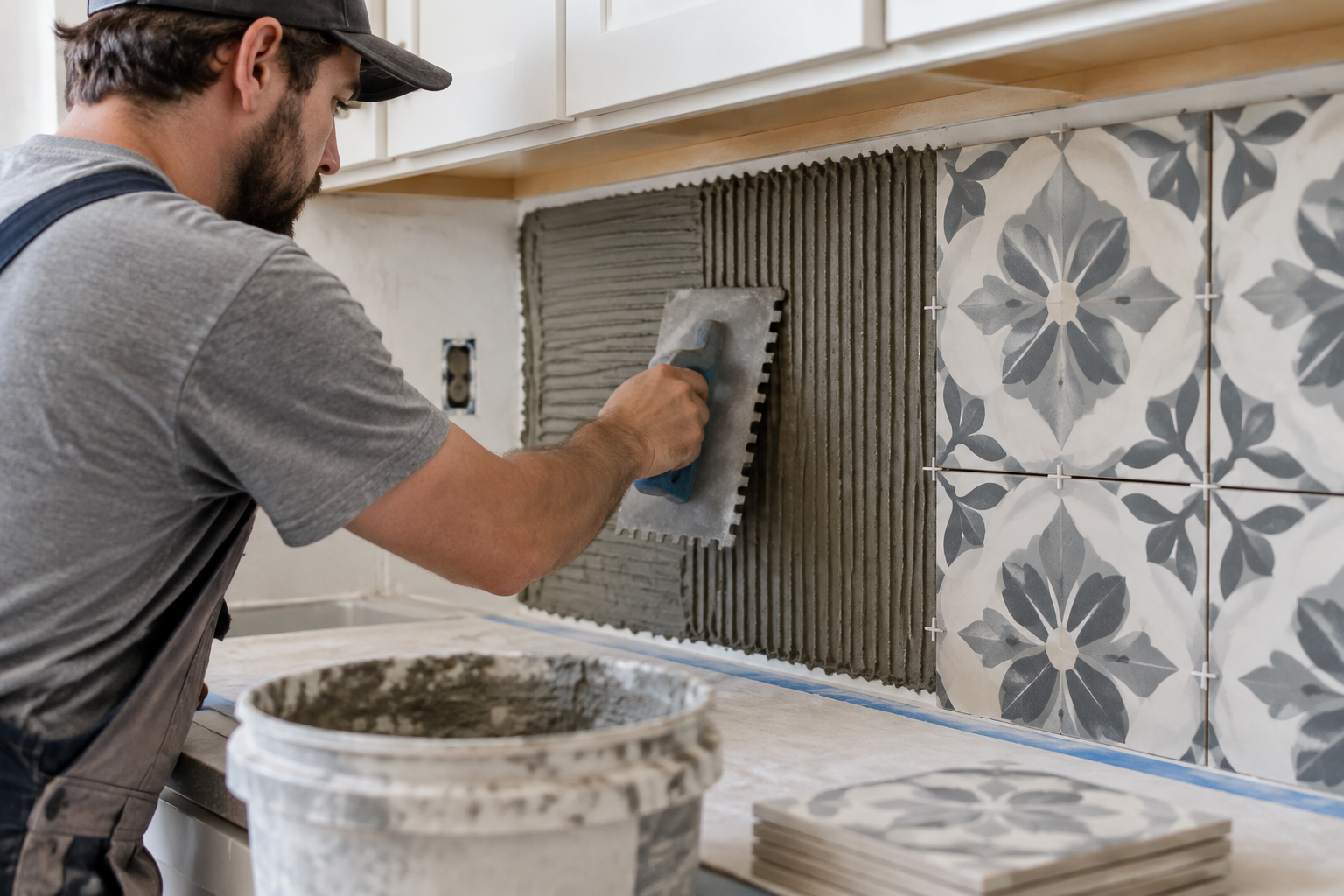 Pose de carreaux de ciment par un carreleur.