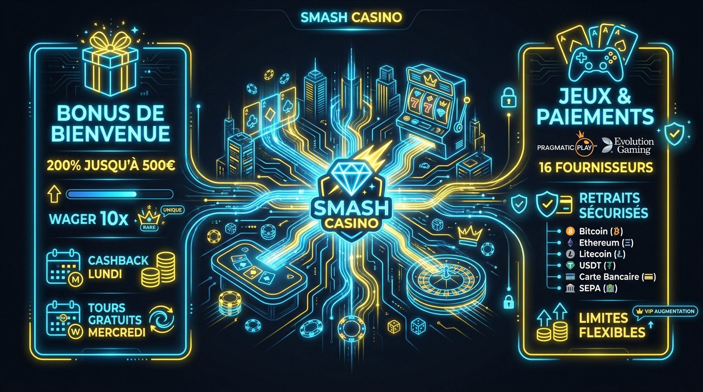 Infographie détaillée des bonus de bienvenue et des méthodes de paiement sur Smash Casino