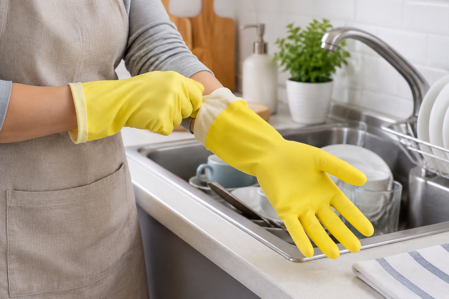 Une personne portant un tablier enfile des gants jaunes devant un évier rempli de vaisselle.