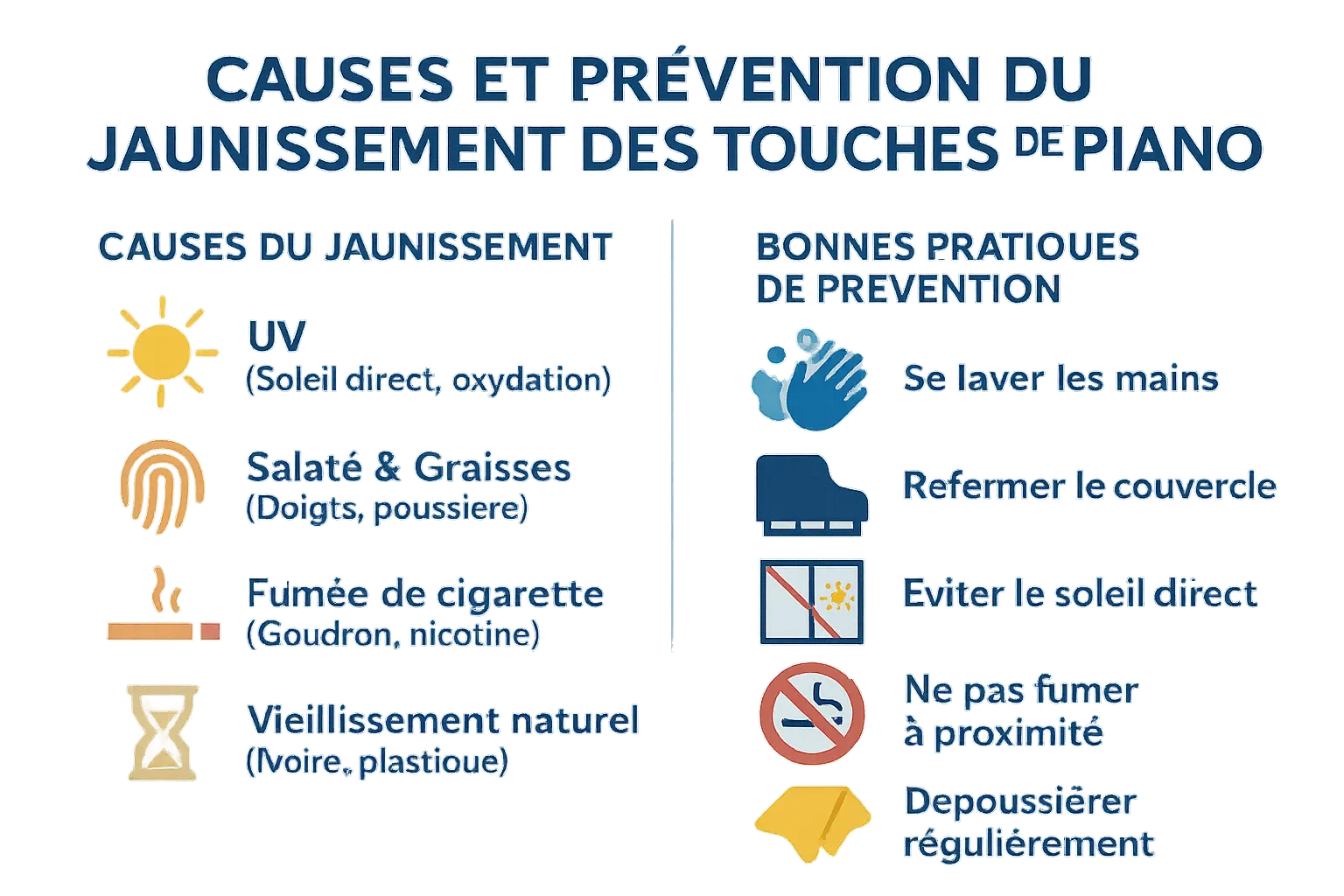 Jaunissement des touches de piano : causes et prévention