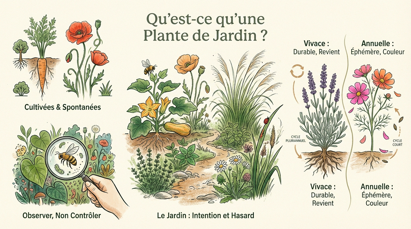 Infographie : catégories de plantes au jardin (cultivées, spontanées, vivaces et annuelles).