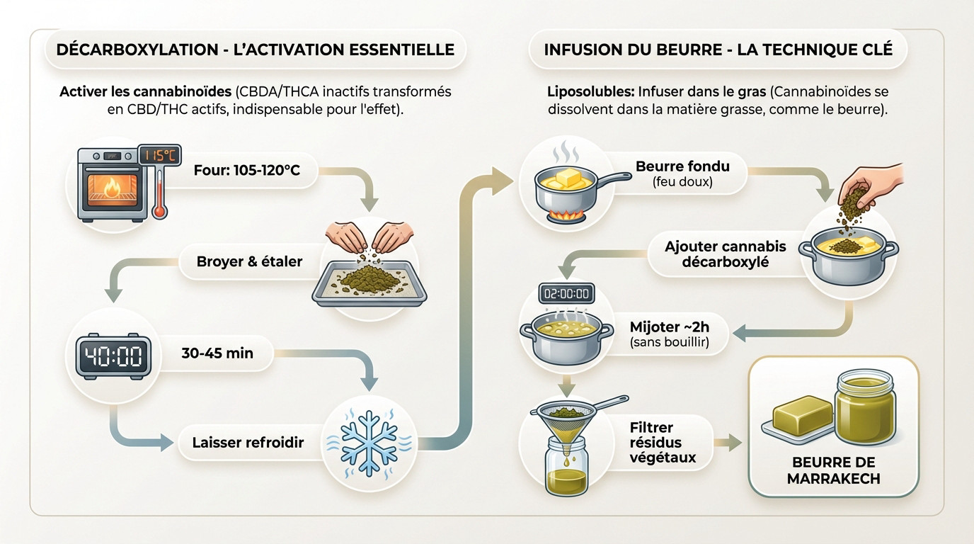 Infographie détaillant les 5 étapes de préparation du beurre de Marrakech CBD
