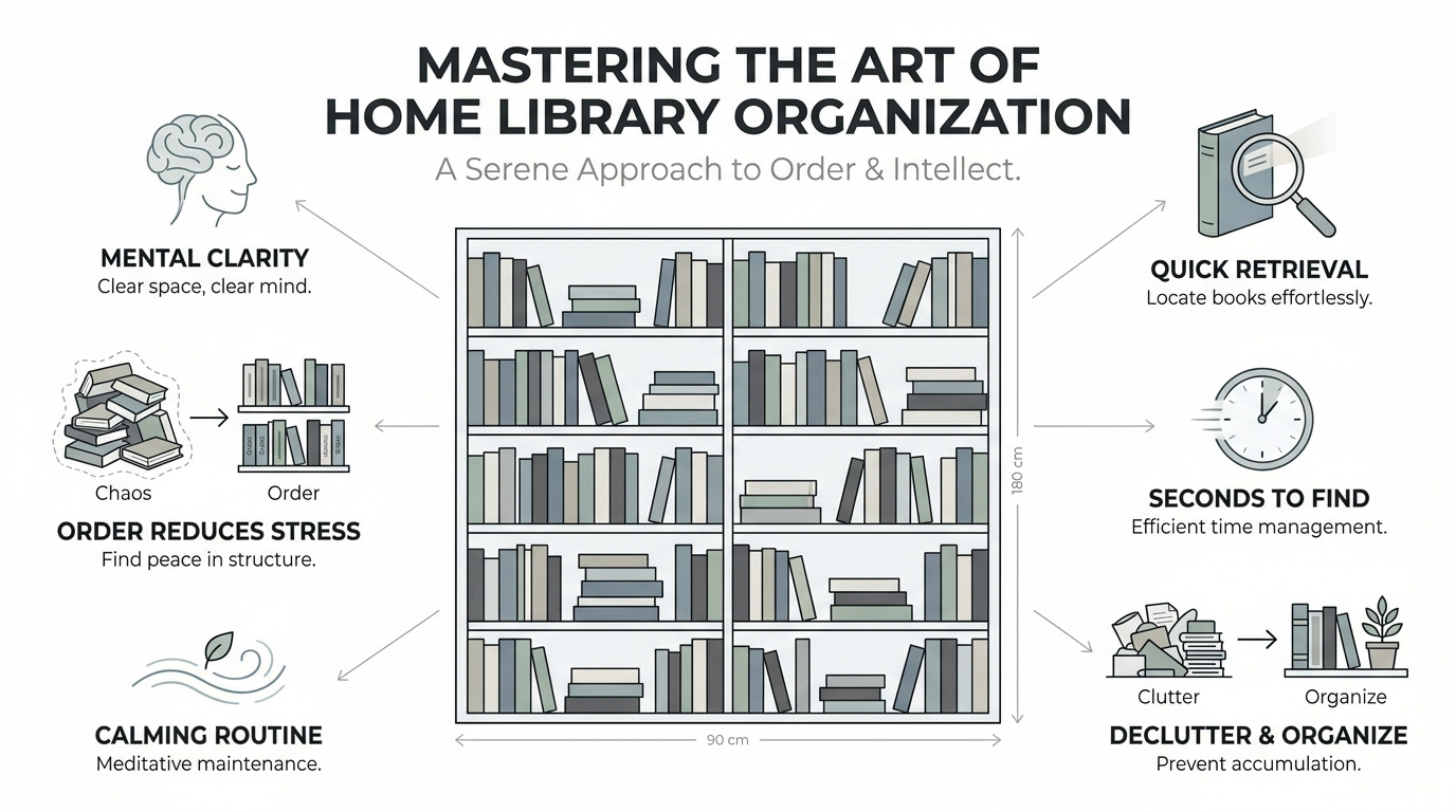 A perfectly organized home library with books arranged by genre on dark wood shelves