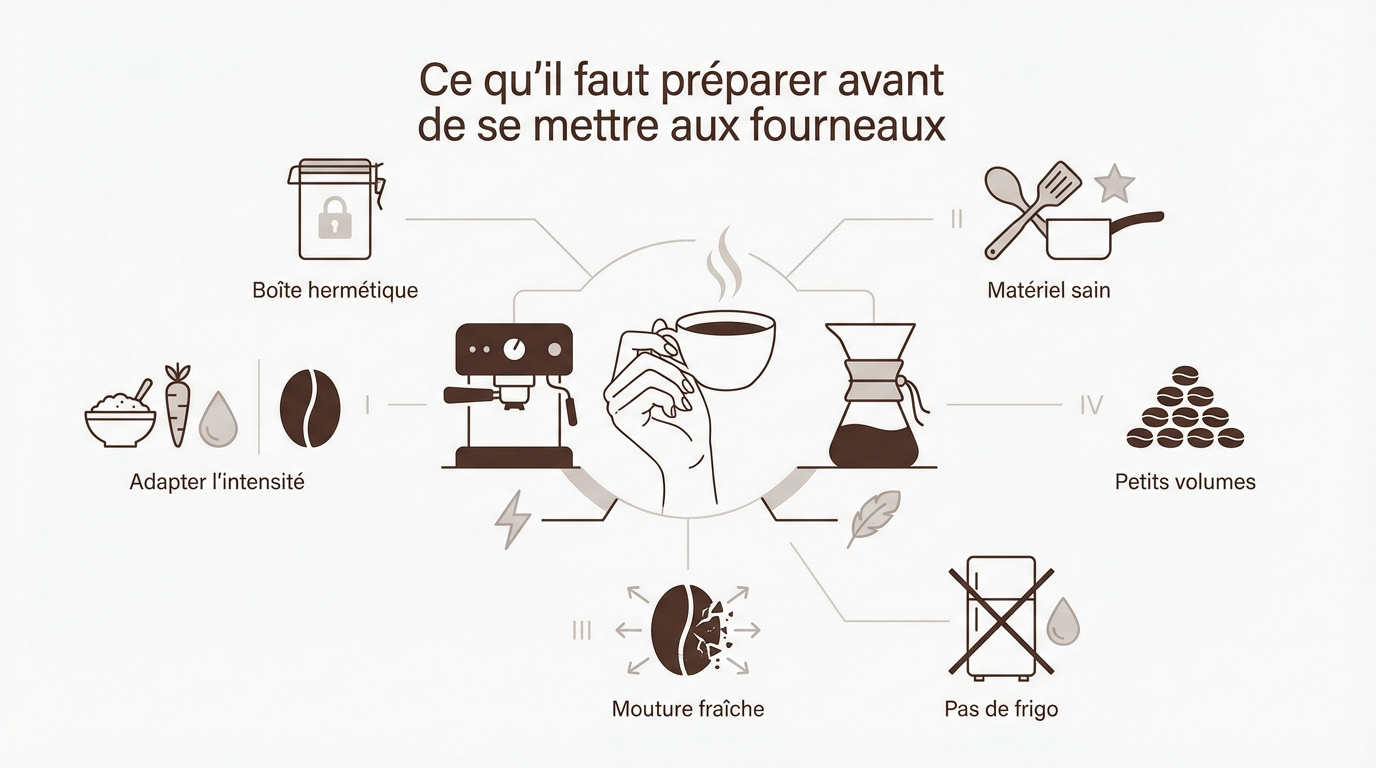Plan de travail de cuisine avec des grains de café frais et des ustensiles élégants