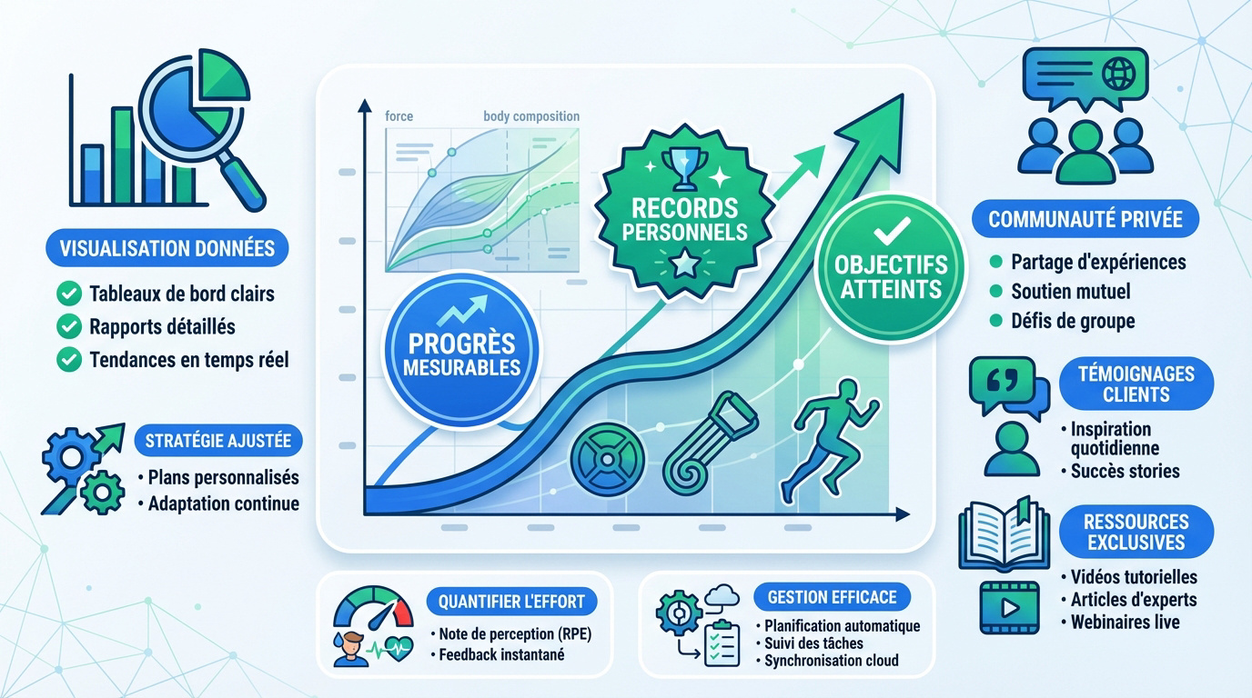 Interface de suivi de performance sportive avec graphiques et indicateurs de progression