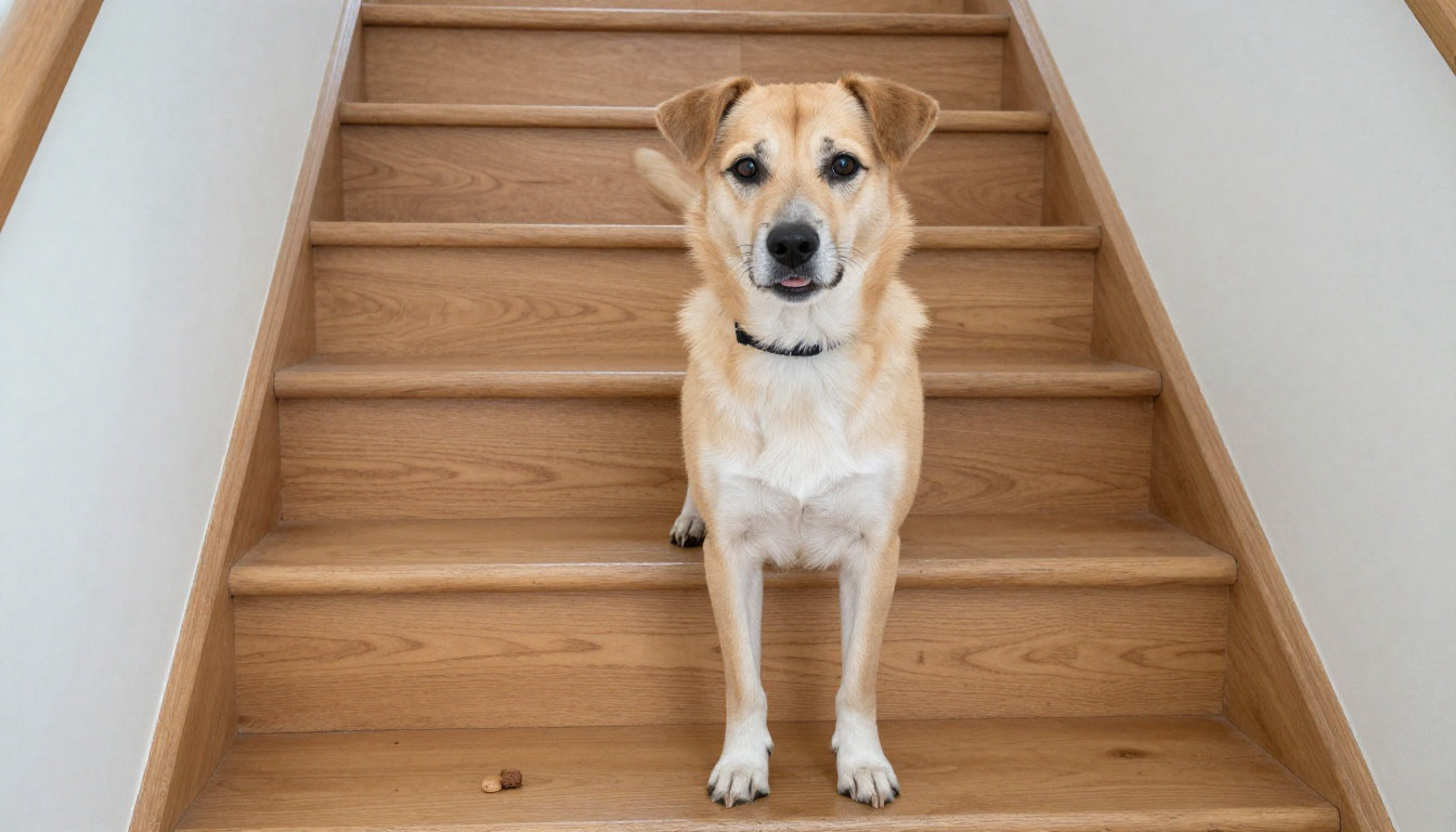 Chien attendant une friandise sur les escaliers