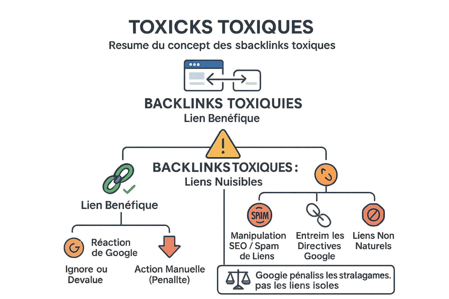Infographie expliquant les backlinks toxiques et leur impact sur le SEO