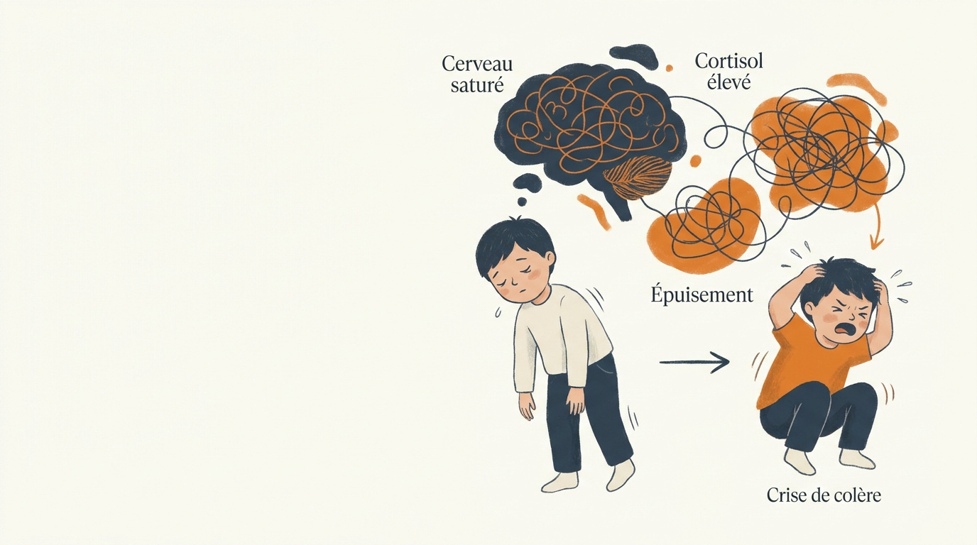 Schéma du cerveau fatigué de l'enfant montrant la saturation du cortex préfrontal en fin de journée