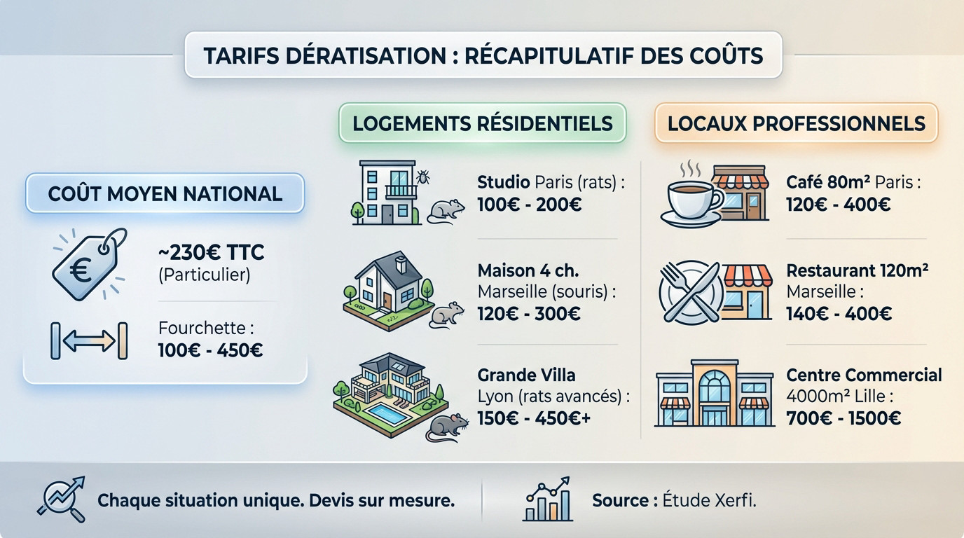 Tableau récapitulatif des coûts moyens d'une dératisation selon le type de logement et l'infestation