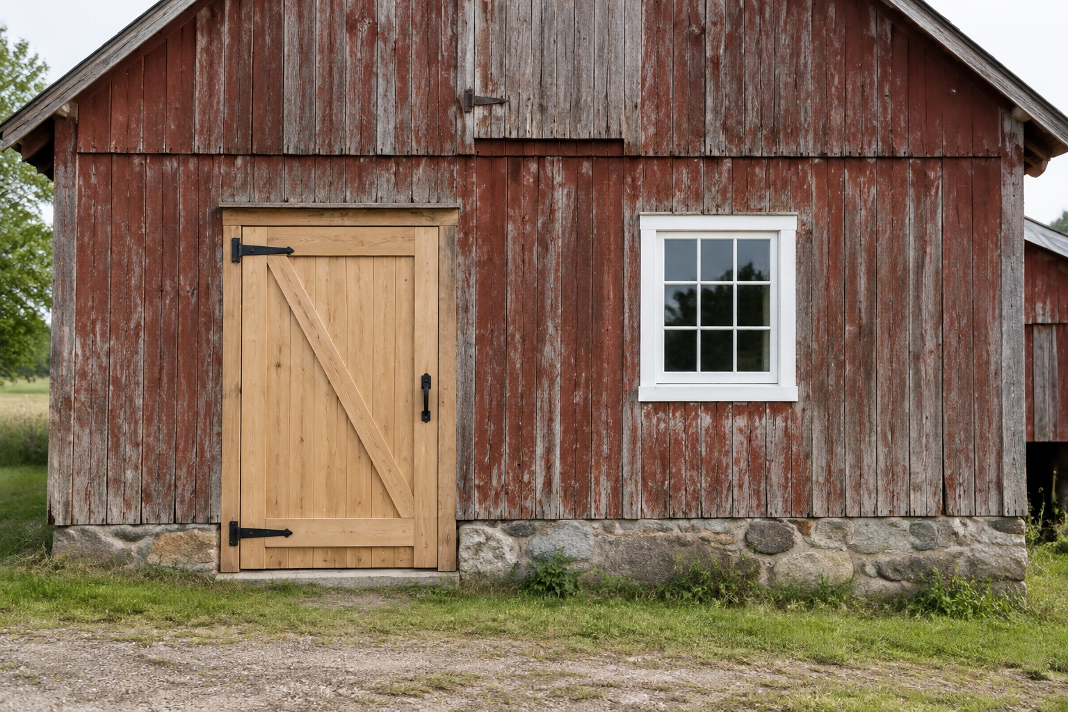 Façade d'une grange ancienne avec une nouvelle porte et fenêtre