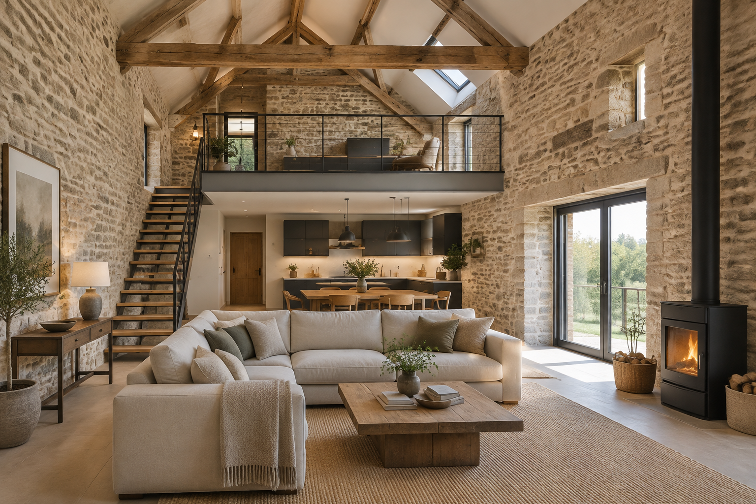 Grange en pierre transformée en intérieur moderne et cosy