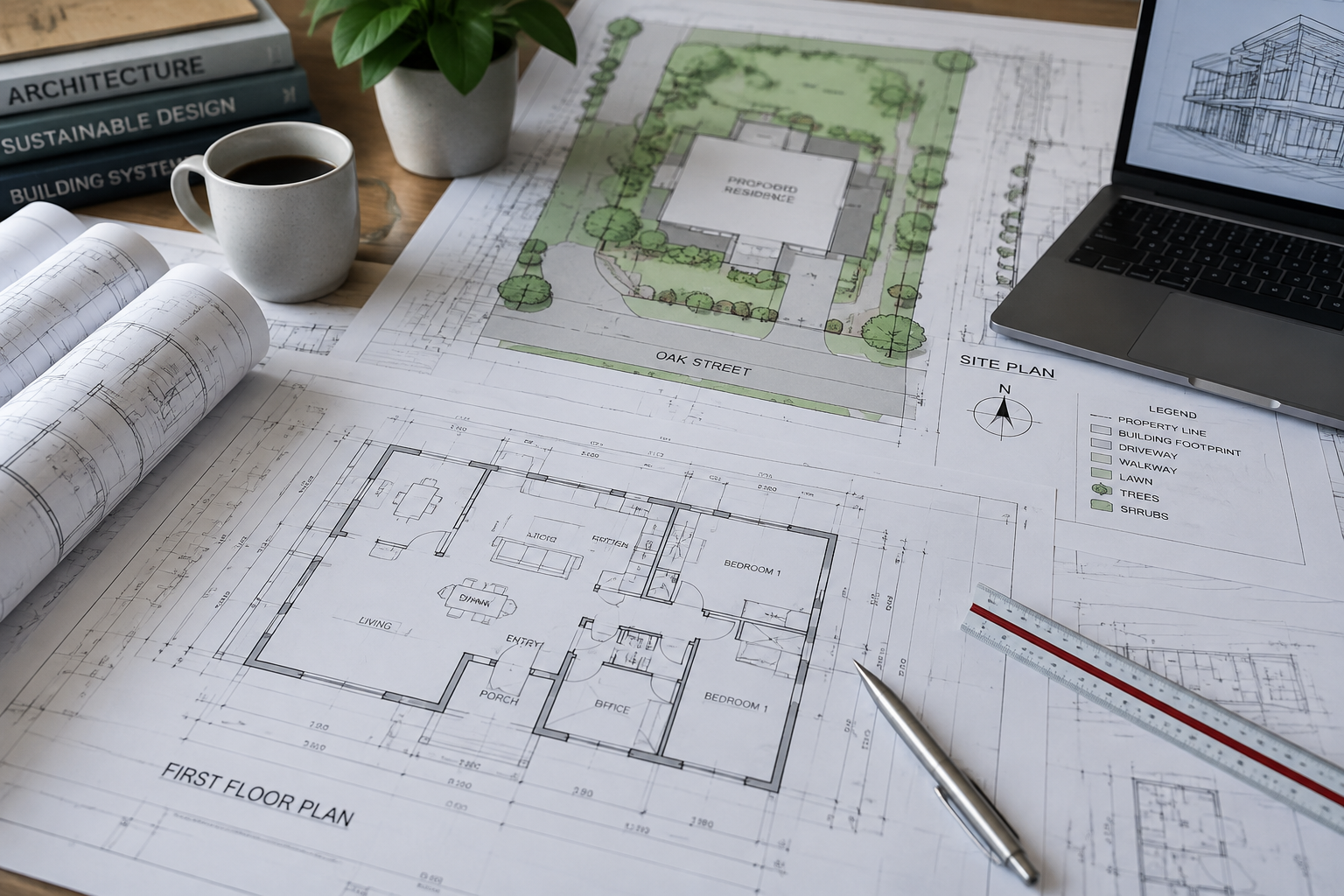 Plans architecturaux et de site étalés sur un bureau