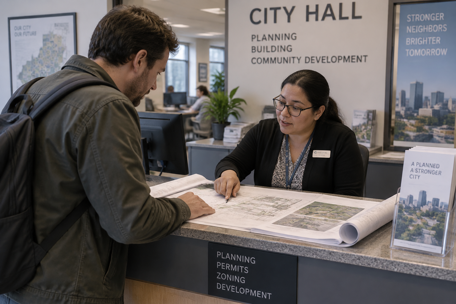 Personne consultant des documents d'urbanisme au guichet d'une mairie