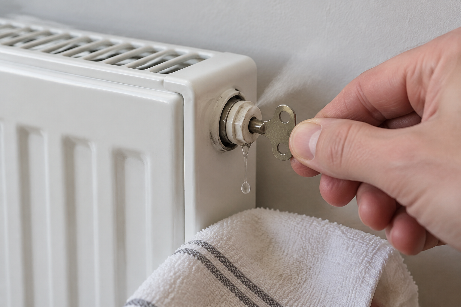 Purge d'un radiateur à la clé de purge pour évacuer l'air du circuit