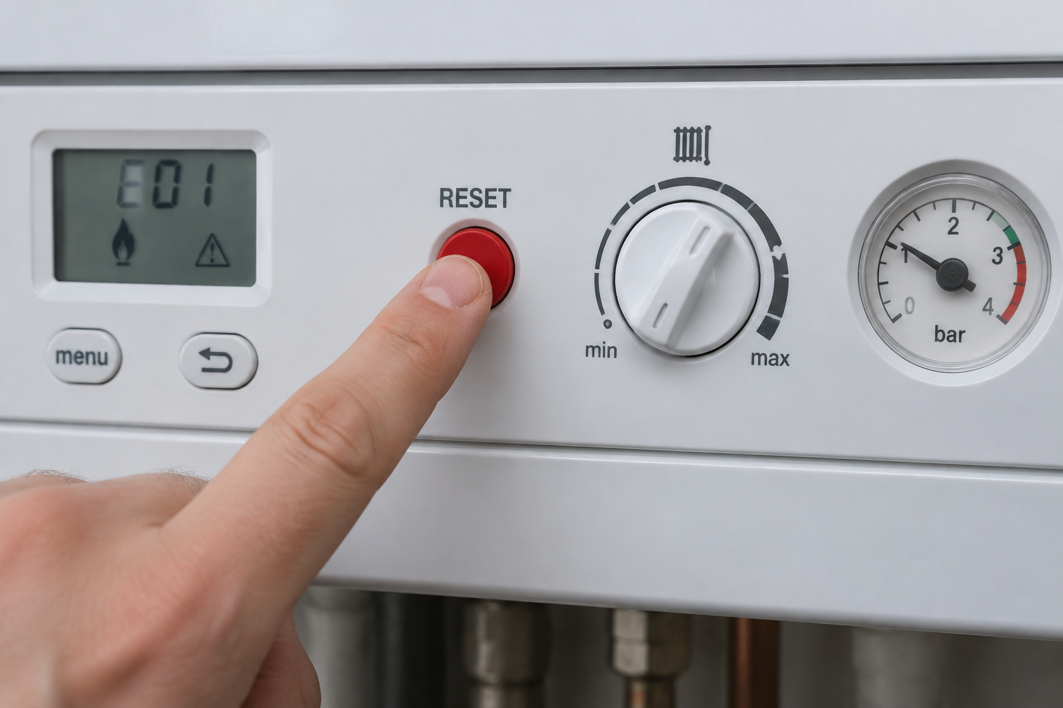Doigt appuyant sur le bouton rouge de réarmement d'une chaudière