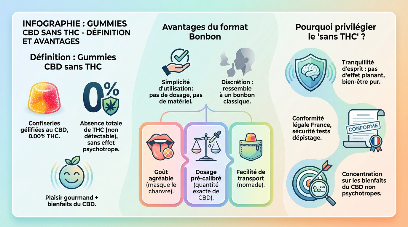 Infographie expliquant la définition et les avantages des gummies CBD sans THC