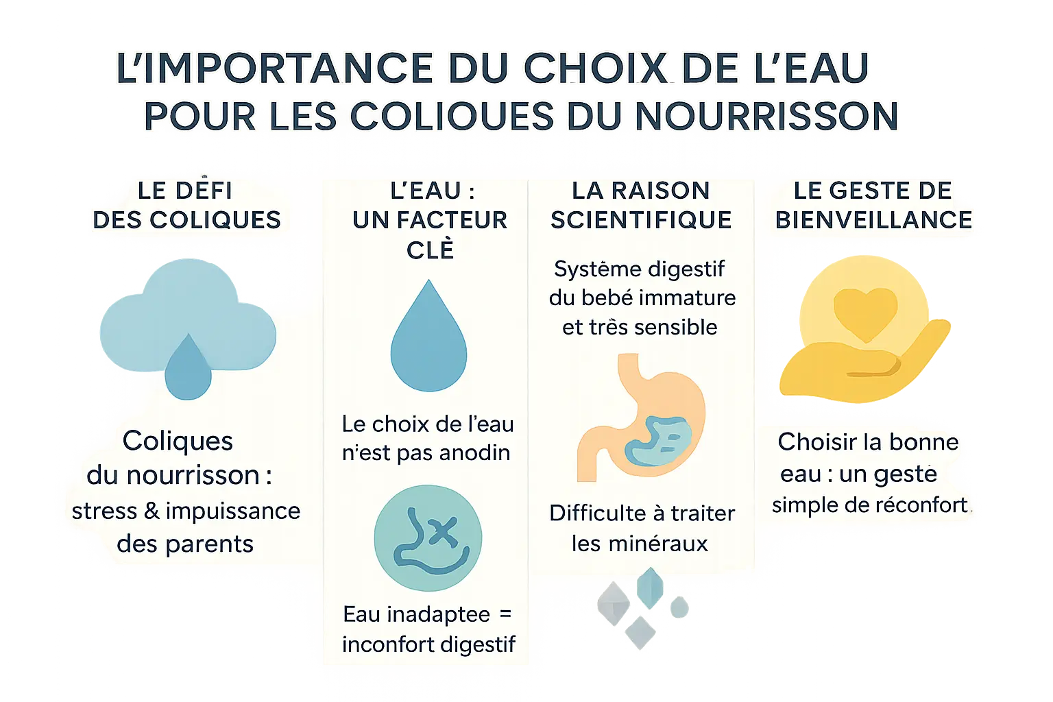 Illustration du choix de l'eau pour les bébés souffrant de coliques